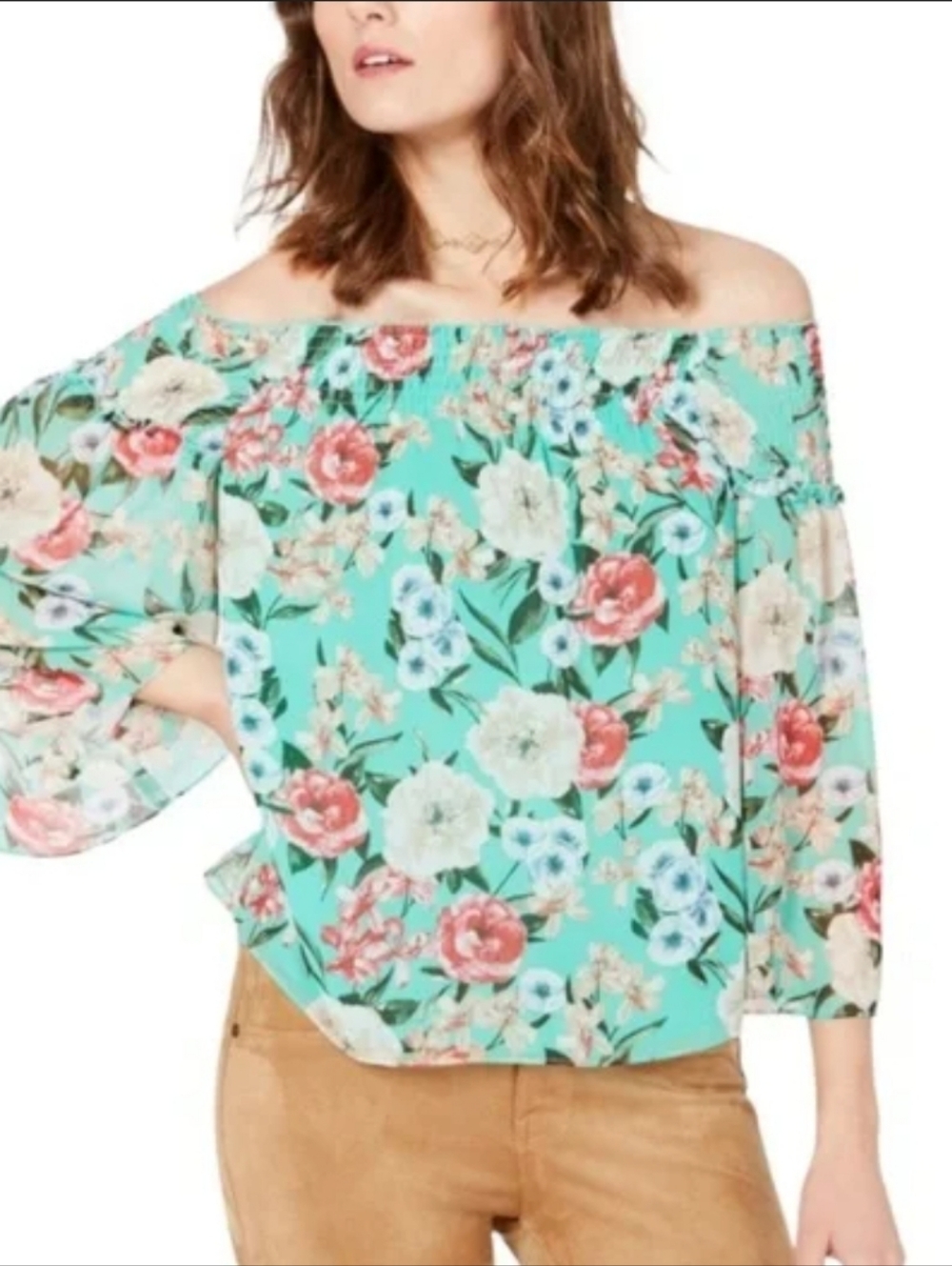 INC International Concepts Mint Floral Off-Shoulder Peasant Blouse Size Medium